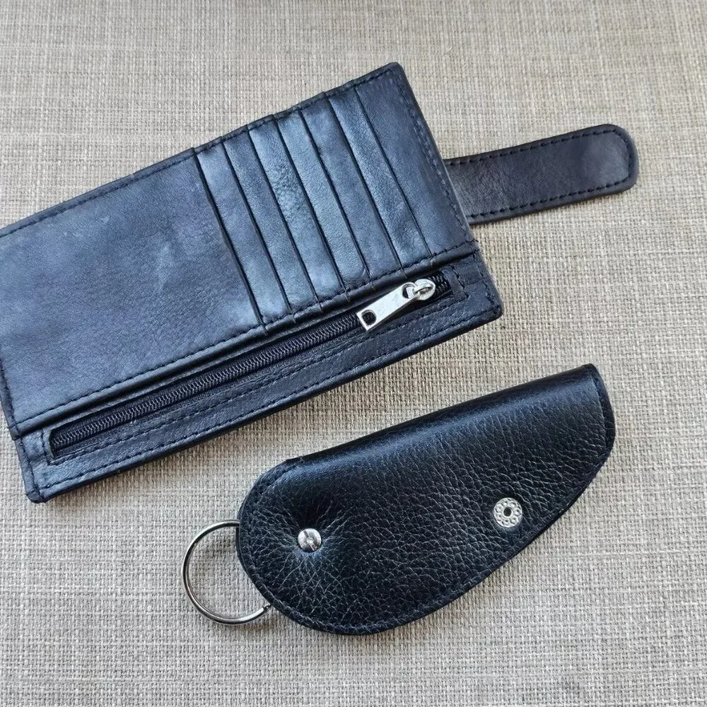 Long Wallet and Keychain Black Genuine Leather Card Holder Keys Holder Fob